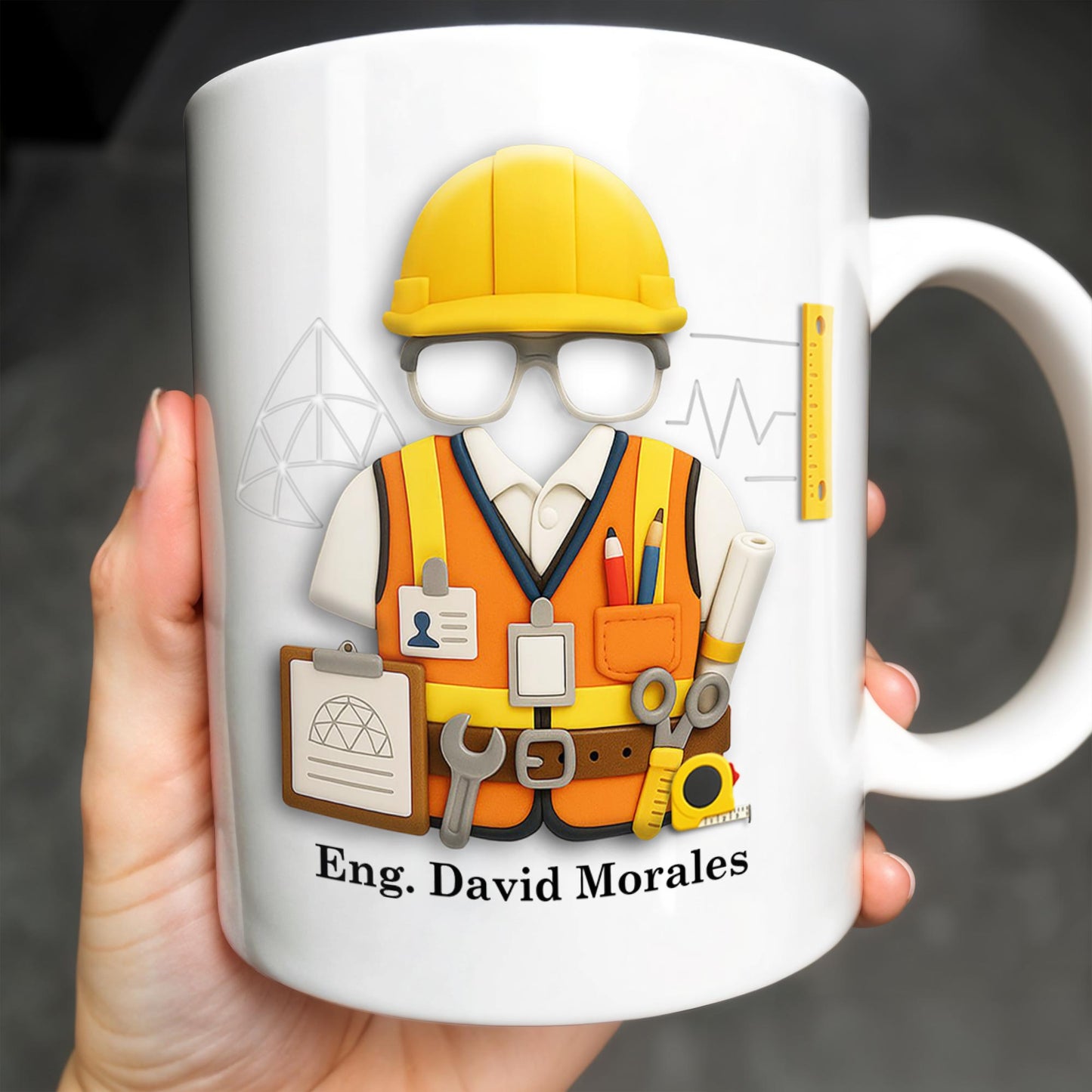 Custom Engineer Theme Coffee Mug With Construction Helmet, Safety Vest, and Tools - Personalized Custom Coffee Mug - GRAD270_MG