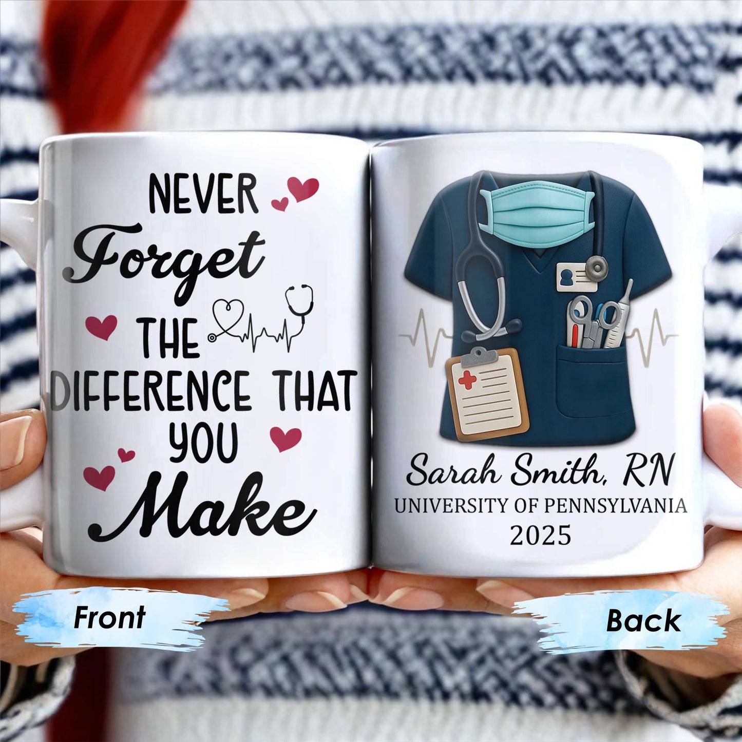 Never Forget The Difference That You Make, Heartbeat And Medical Scrubs - Personalized Custom Coffee Mug - GRAD271_MG