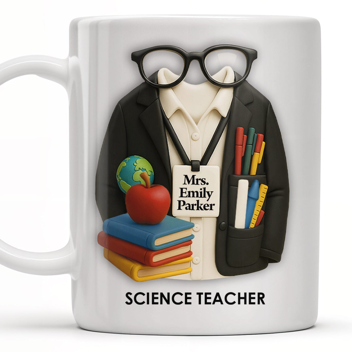 Customizable Coffee Mug Featuring Glasses, Books, Apple, Markers, Lab Coat - Personalized Custom Coffee Mug - GRAD272_MG