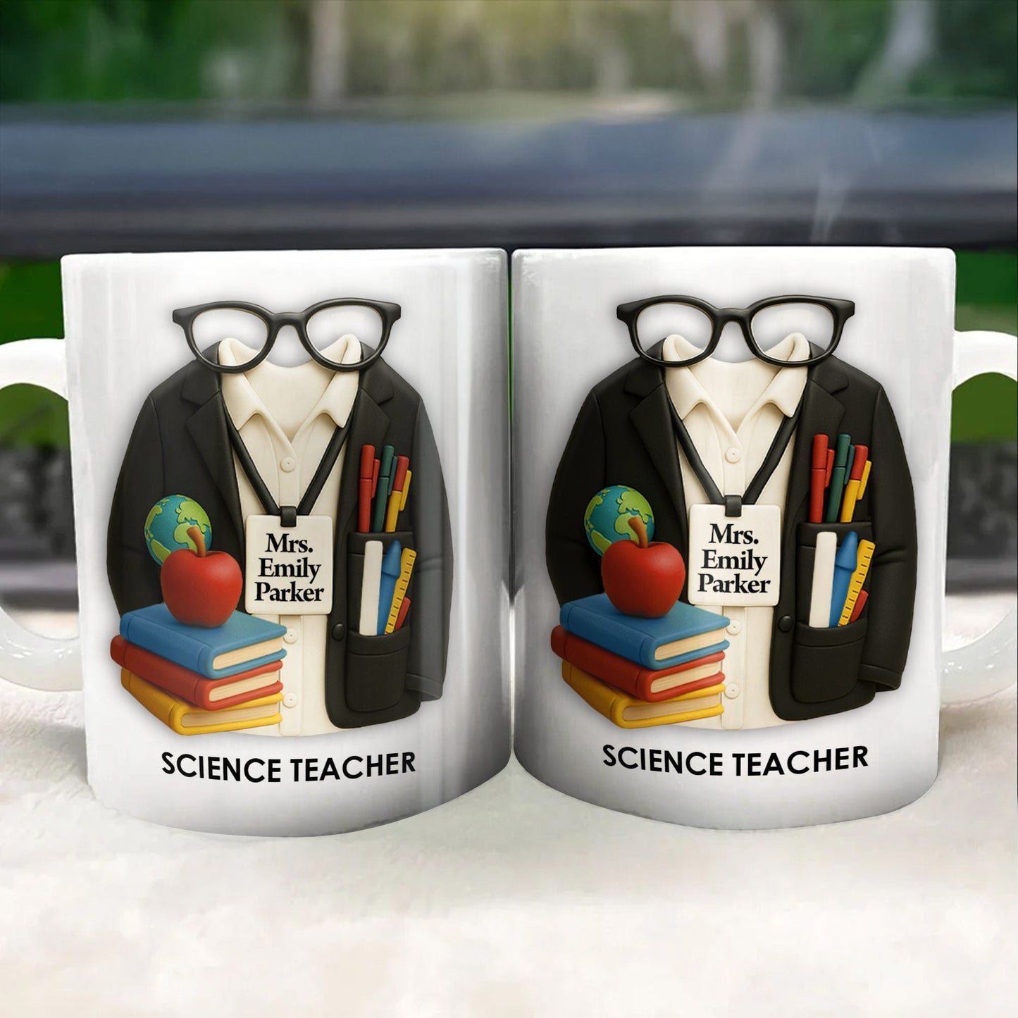 Customizable Coffee Mug Featuring Glasses, Books, Apple, Markers, Lab Coat - Personalized Custom Coffee Mug - GRAD272_MG
