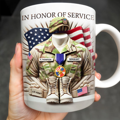 In Honor Of Service, Military Uniform and U.S. Flag - Personalized Custom Coffee Mug - GRAD280_MG