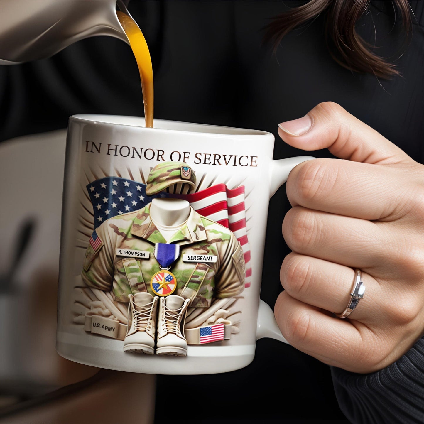 In Honor Of Service, Military Uniform and U.S. Flag - Personalized Custom Coffee Mug - GRAD280_MG