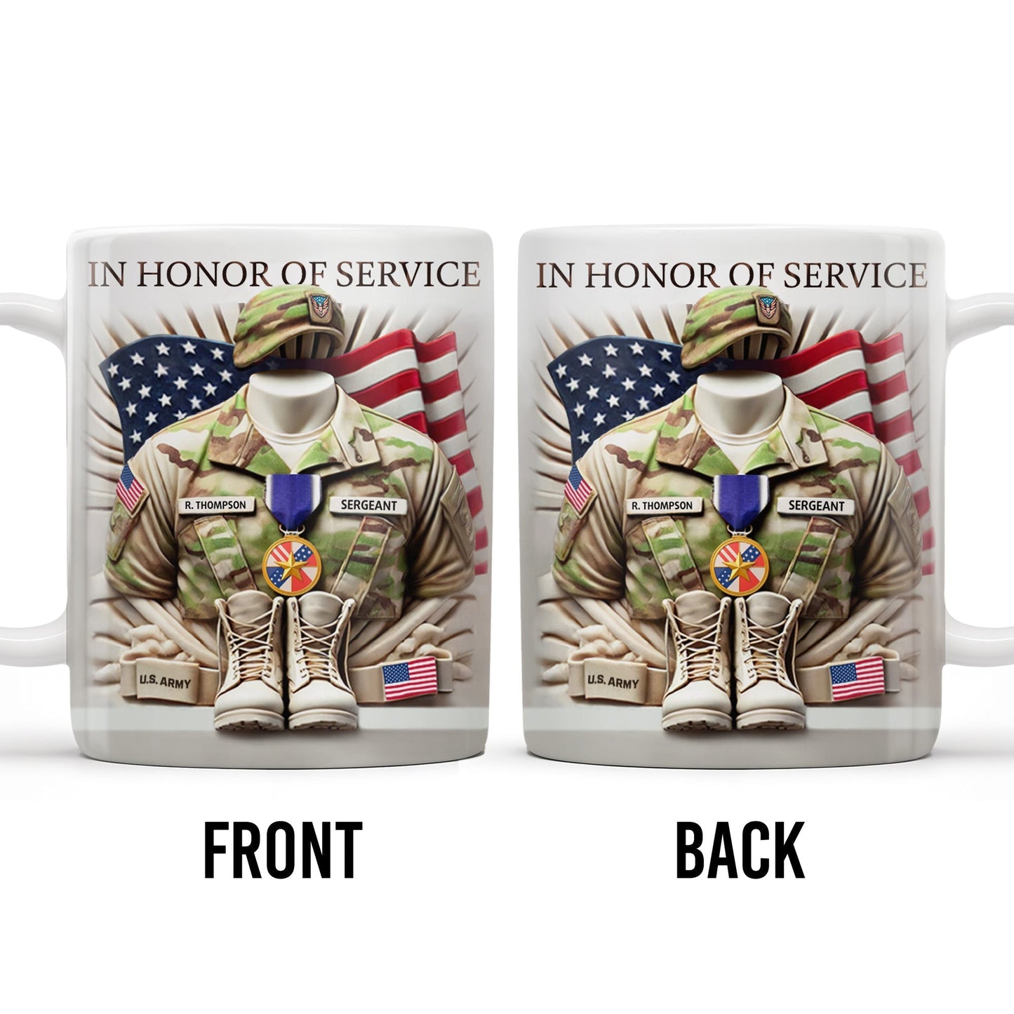 In Honor Of Service, Military Uniform and U.S. Flag - Personalized Custom Coffee Mug - GRAD280_MG