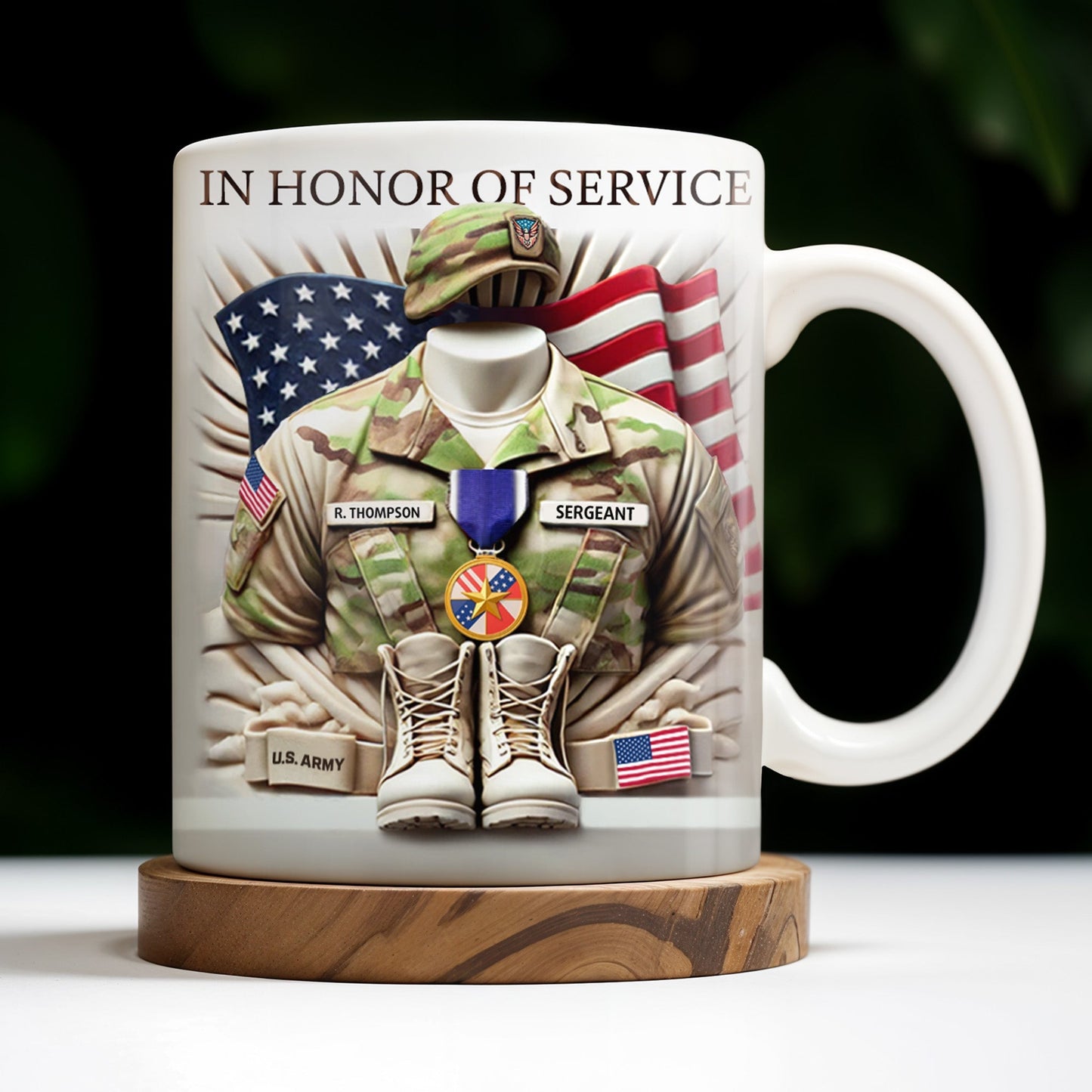 In Honor Of Service, Military Uniform and U.S. Flag - Personalized Custom Coffee Mug - GRAD280_MG