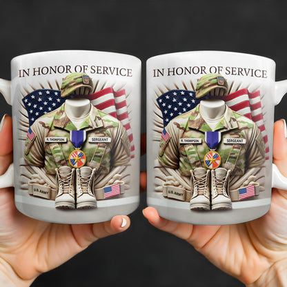 In Honor Of Service, Military Uniform and U.S. Flag - Personalized Custom Coffee Mug - GRAD280_MG