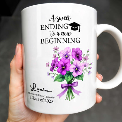 A Sweet Ending To A New Beginning, Flowers and Graduation Cap - Personalized Custom Coffee Mug - GRAD286_MG