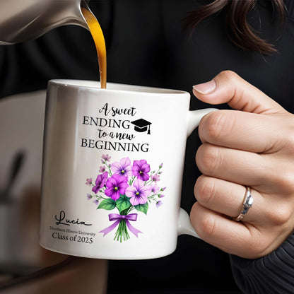 A Sweet Ending To A New Beginning, Flowers and Graduation Cap - Personalized Custom Coffee Mug - GRAD286_MG