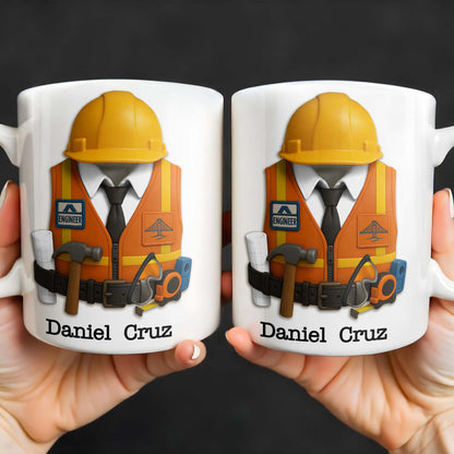 Celebrate Your Everyday Hero with This Engineer-Themed Coffee Mug Featuring Helmet, Tie, Vest, Tools - Personalized Custom Coffee Mug - GRAD298_MG