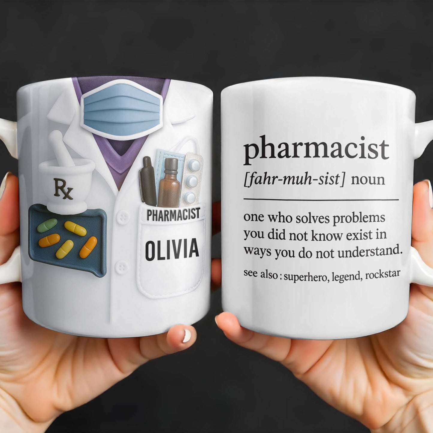 Pharmacist, Solves Problems You Don't Understand, Lab Coat and Pills - Personalized Custom Coffee Mug - GRAD311_MG