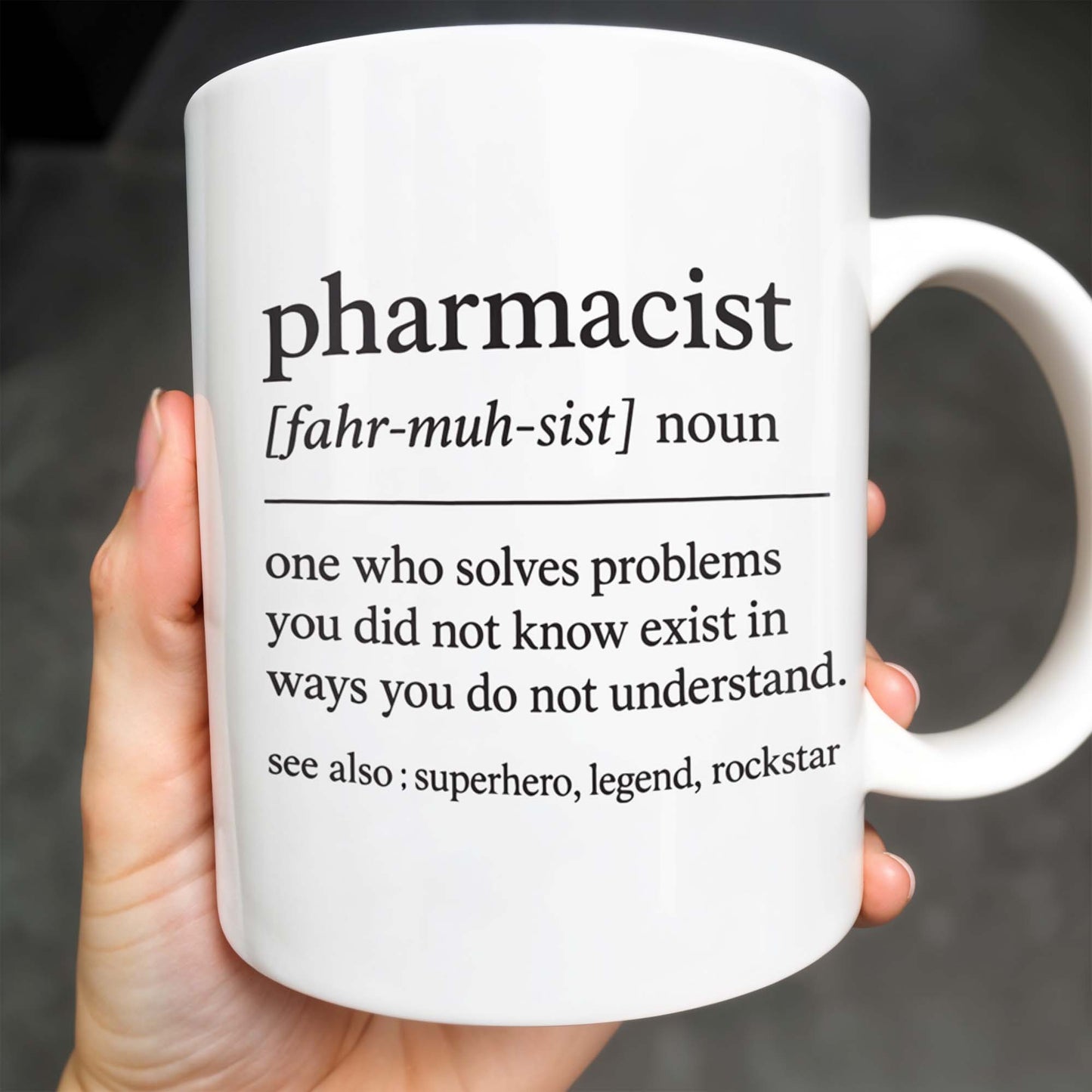 Pharmacist, Solves Problems You Don't Understand, Lab Coat and Pills - Personalized Custom Coffee Mug - GRAD311_MG