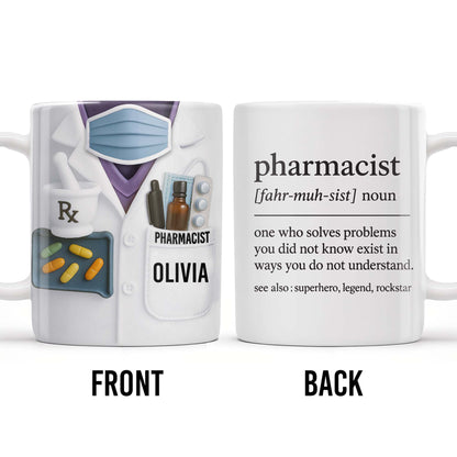 Pharmacist, Solves Problems You Don't Understand, Lab Coat and Pills - Personalized Custom Coffee Mug - GRAD311_MG