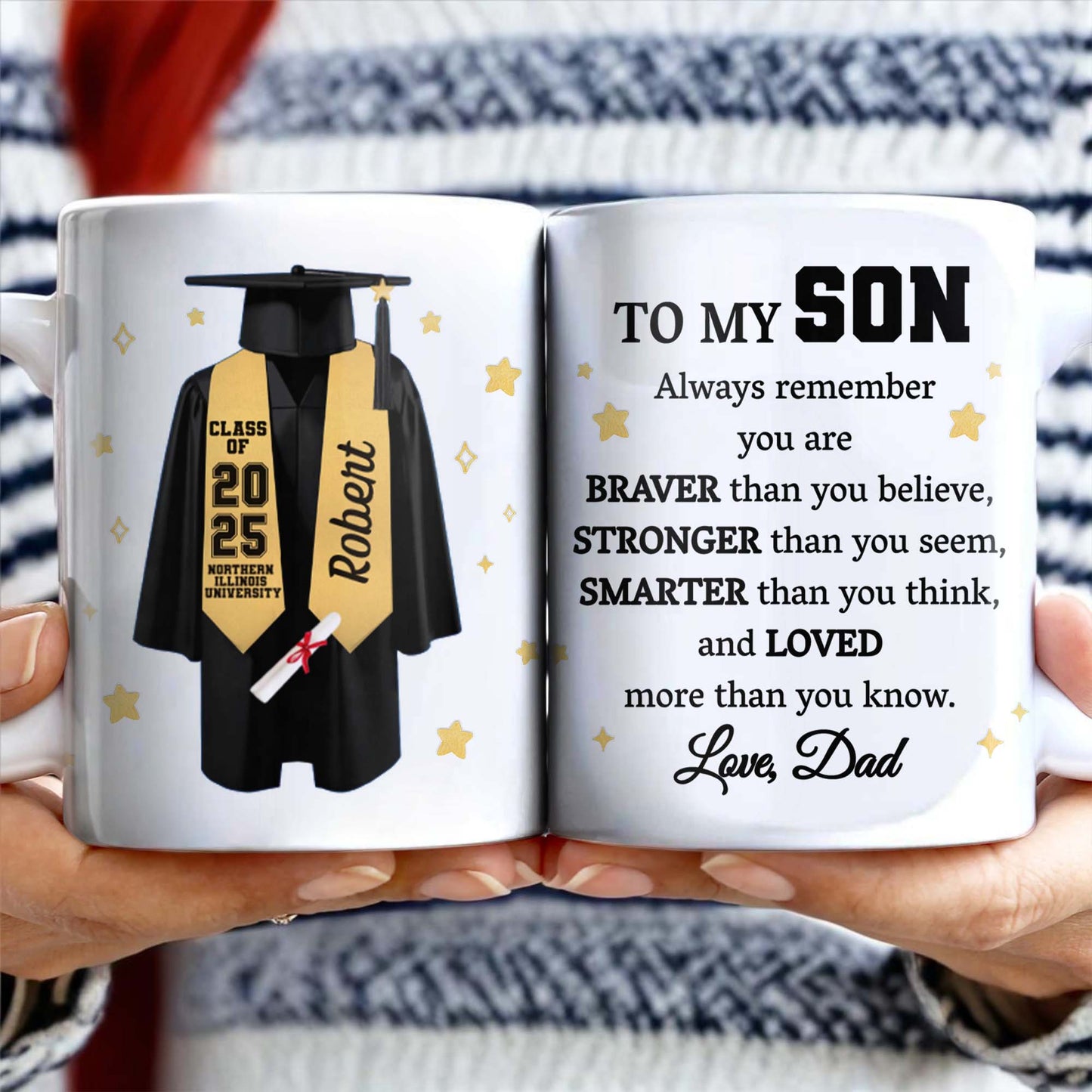 To My Son, Always Remember You Are Braver, Graduation Robe and Stars - Personalized Custom Coffee Mug - GRAD318_MG