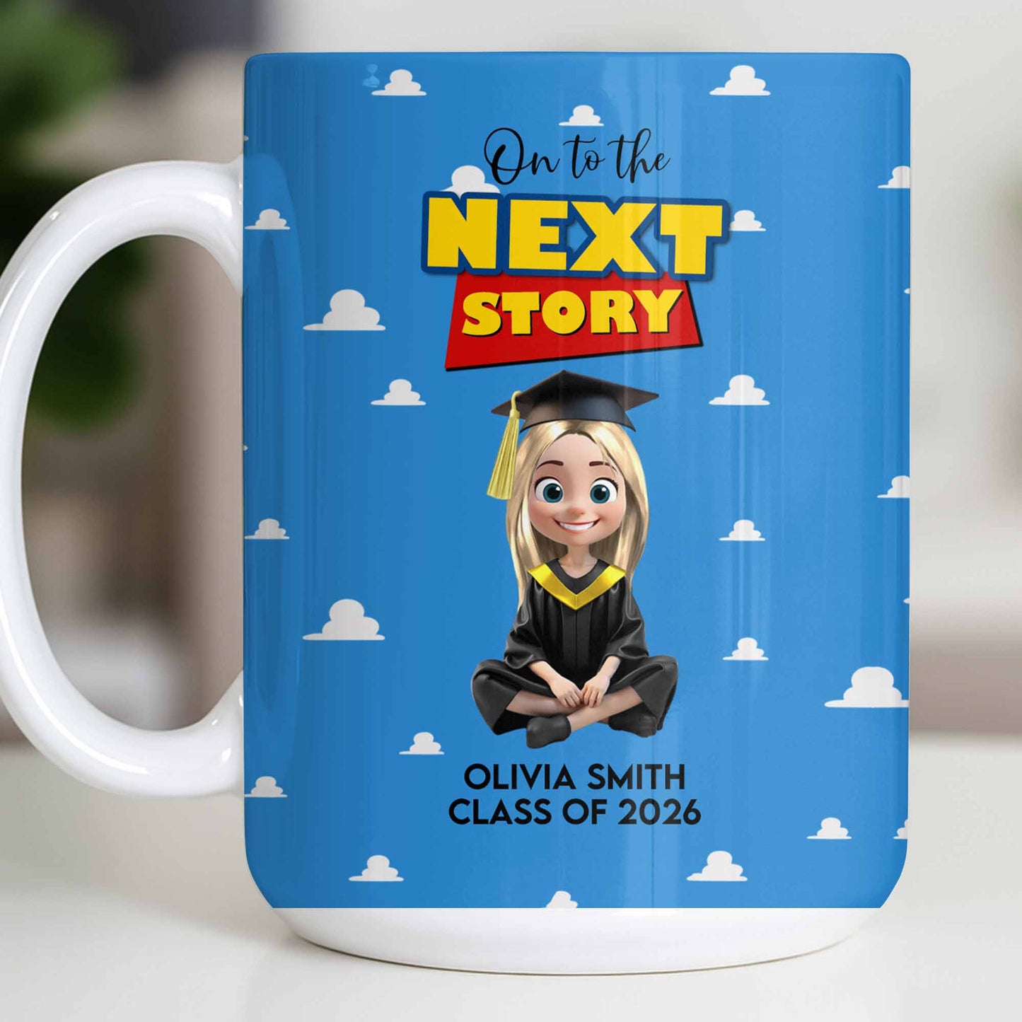 On To The Next Story Graduation Cap And Clouds - Personalized Custom Coffee Mug - GRAD360_MG
