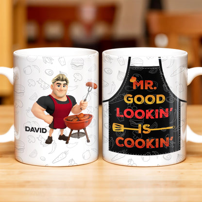 Mr. Good Lookin' Is Cookin' Apron And BBQ Grill Design - Personalized Custom Coffee Mug - GRILL004_MG