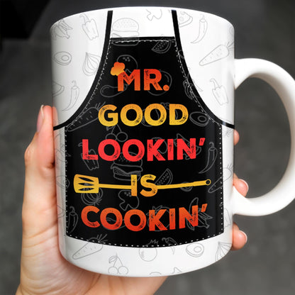 Mr. Good Lookin' Is Cookin' Apron And BBQ Grill Design - Personalized Custom Coffee Mug - GRILL004_MG