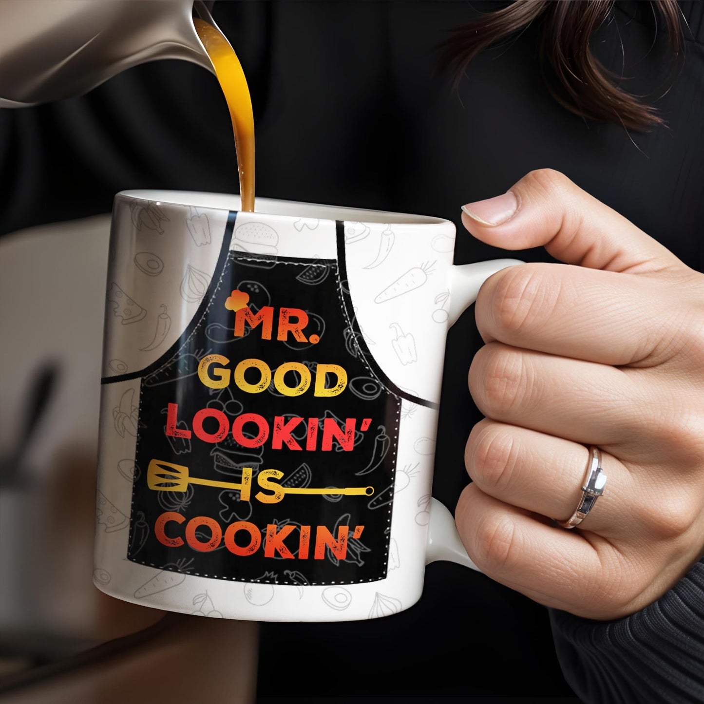 Mr. Good Lookin' Is Cookin' Apron And BBQ Grill Design - Personalized Custom Coffee Mug - GRILL004_MG