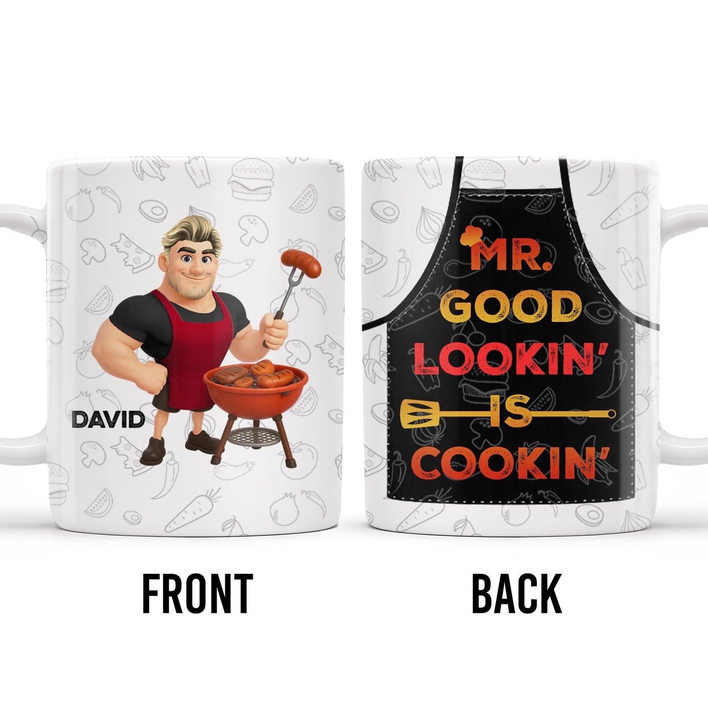 Mr. Good Lookin' Is Cookin' Apron And BBQ Grill Design - Personalized Custom Coffee Mug - GRILL004_MG