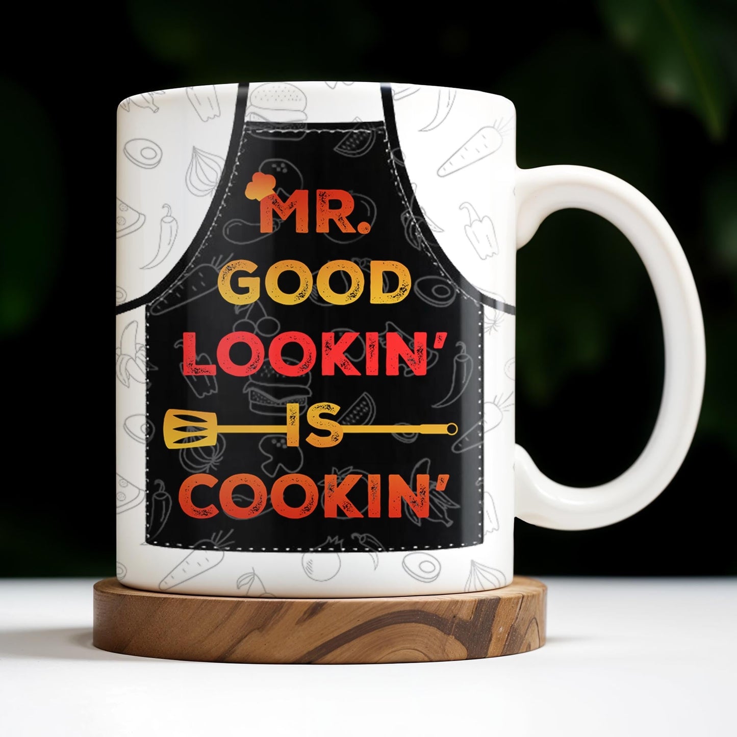 Mr. Good Lookin' Is Cookin' Apron And BBQ Grill Design - Personalized Custom Coffee Mug - GRILL004_MG