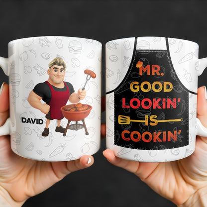 Mr. Good Lookin' Is Cookin' Apron And BBQ Grill Design - Personalized Custom Coffee Mug - GRILL004_MG