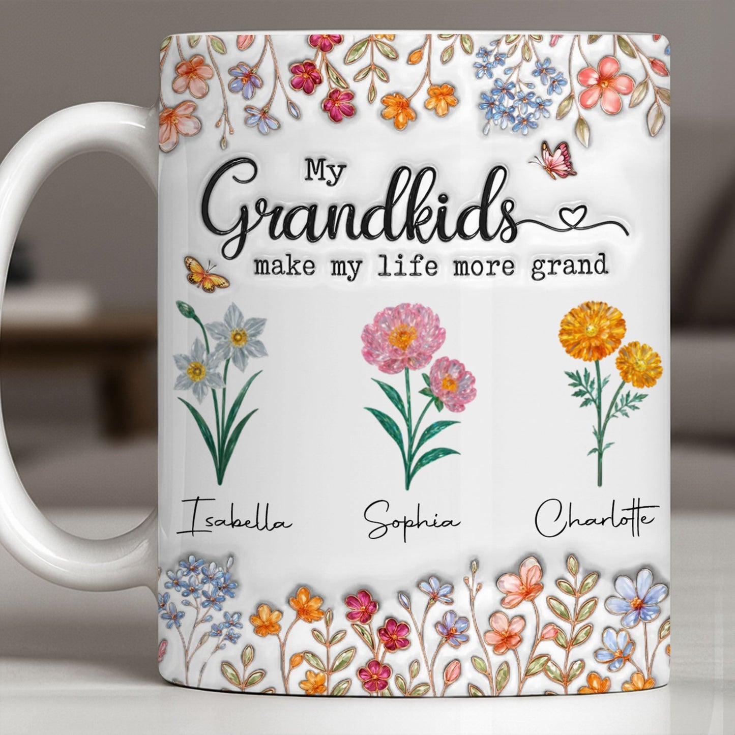 My Grandkids Make My Life More Grand With Flowers And Butterflies - Personalized Custom Coffee Mug - GRK115_MG