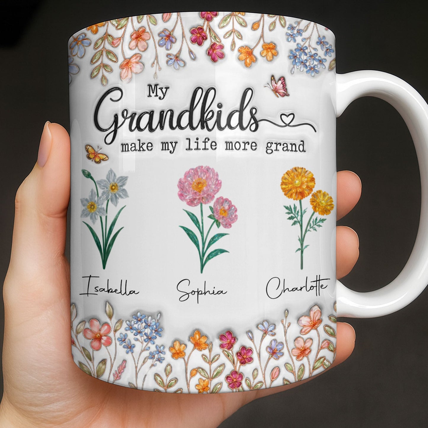 My Grandkids Make My Life More Grand With Flowers And Butterflies - Personalized Custom Coffee Mug - GRK115_MG