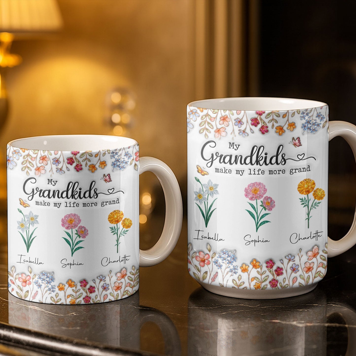 My Grandkids Make My Life More Grand With Flowers And Butterflies - Personalized Custom Coffee Mug - GRK115_MG
