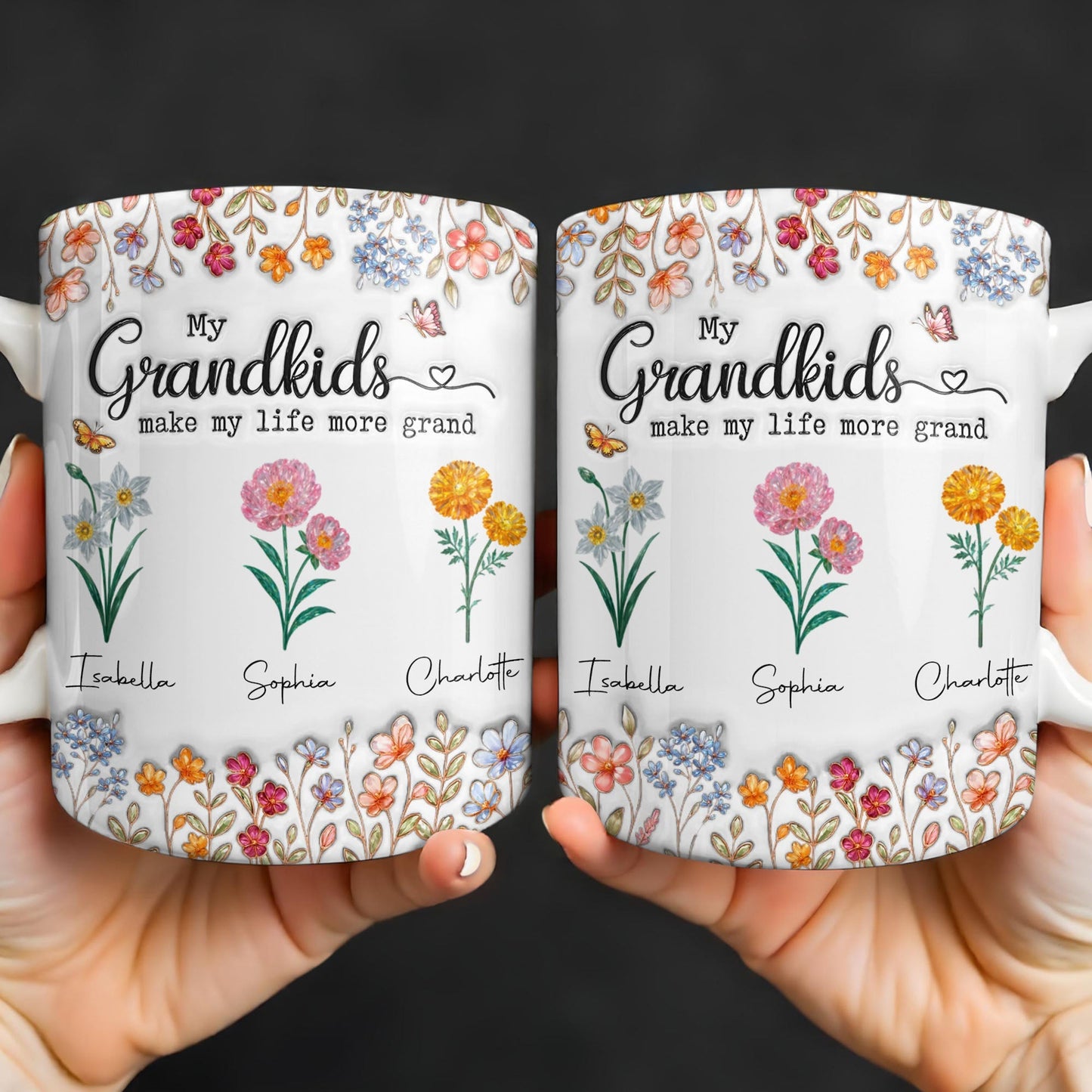 My Grandkids Make My Life More Grand With Flowers And Butterflies - Personalized Custom Coffee Mug - GRK115_MG