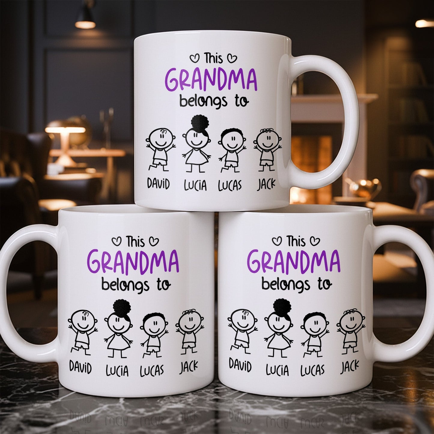 This Grandma Belongs To, Stick Figures And Hearts - Personalized Custom Coffee Mug - GRM061_MG