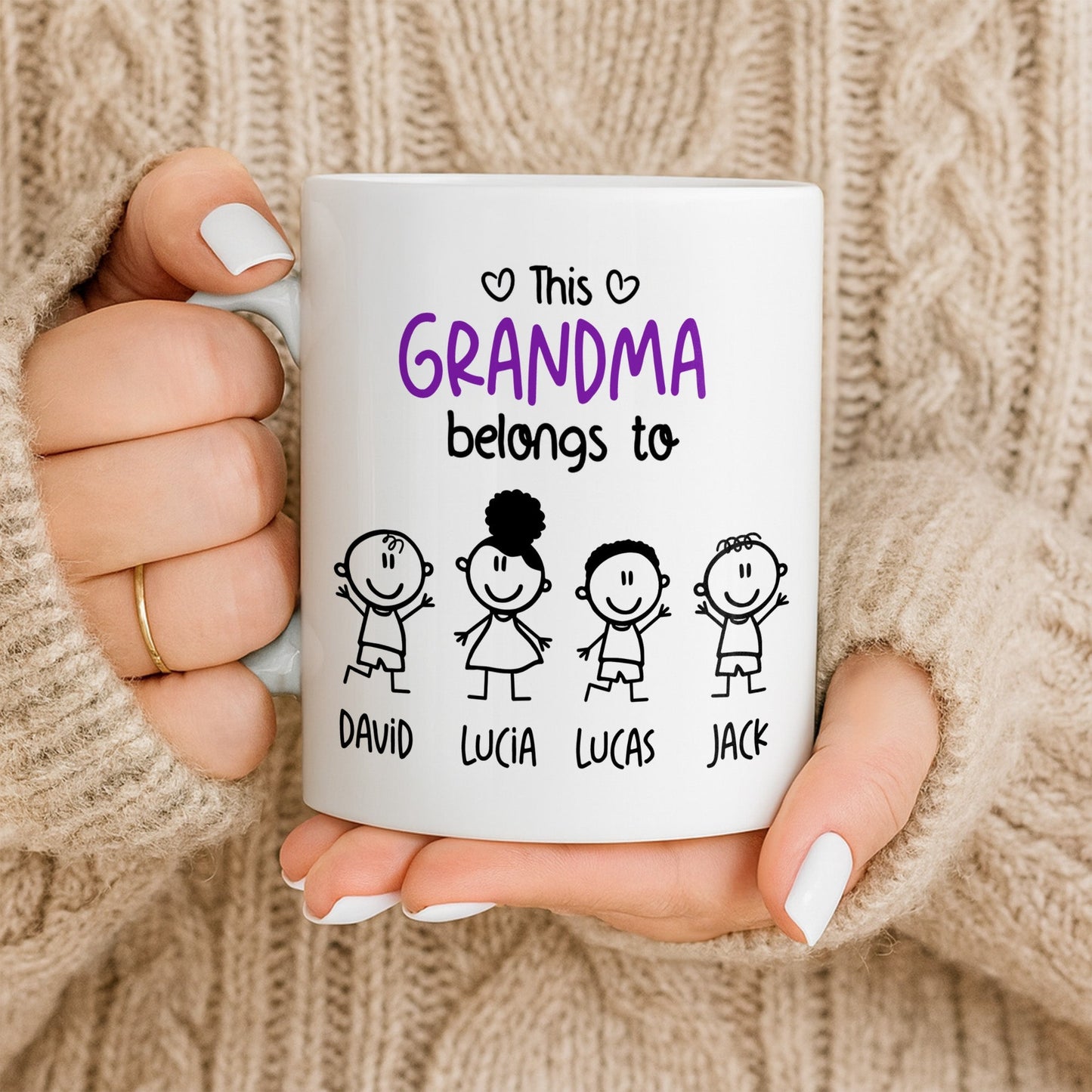This Grandma Belongs To, Stick Figures And Hearts - Personalized Custom Coffee Mug - GRM061_MG