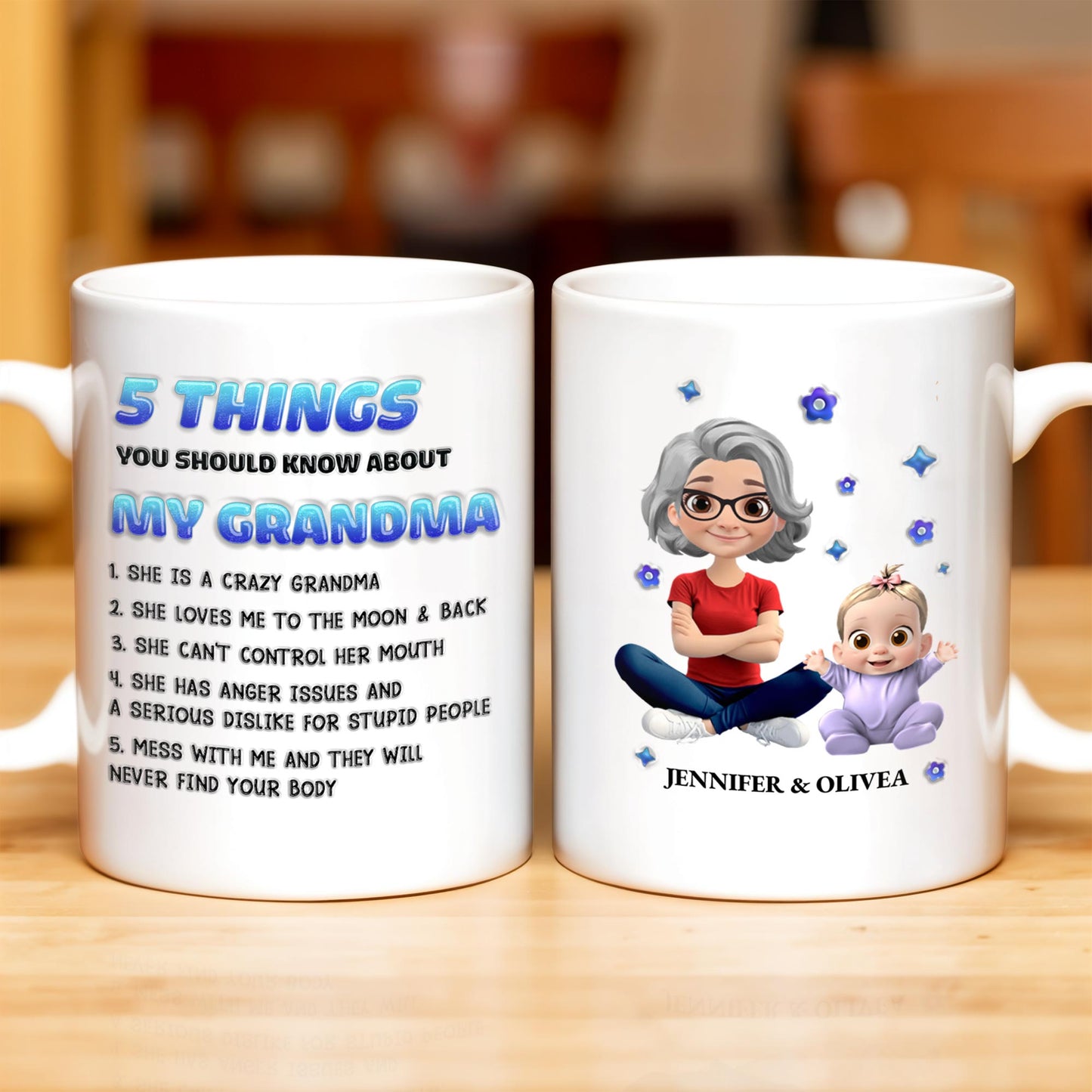 5 Things You Should Know About My Grandma, Cartoon Grandma And Baby - Personalized Custom Coffee Mug - GRM068_MG