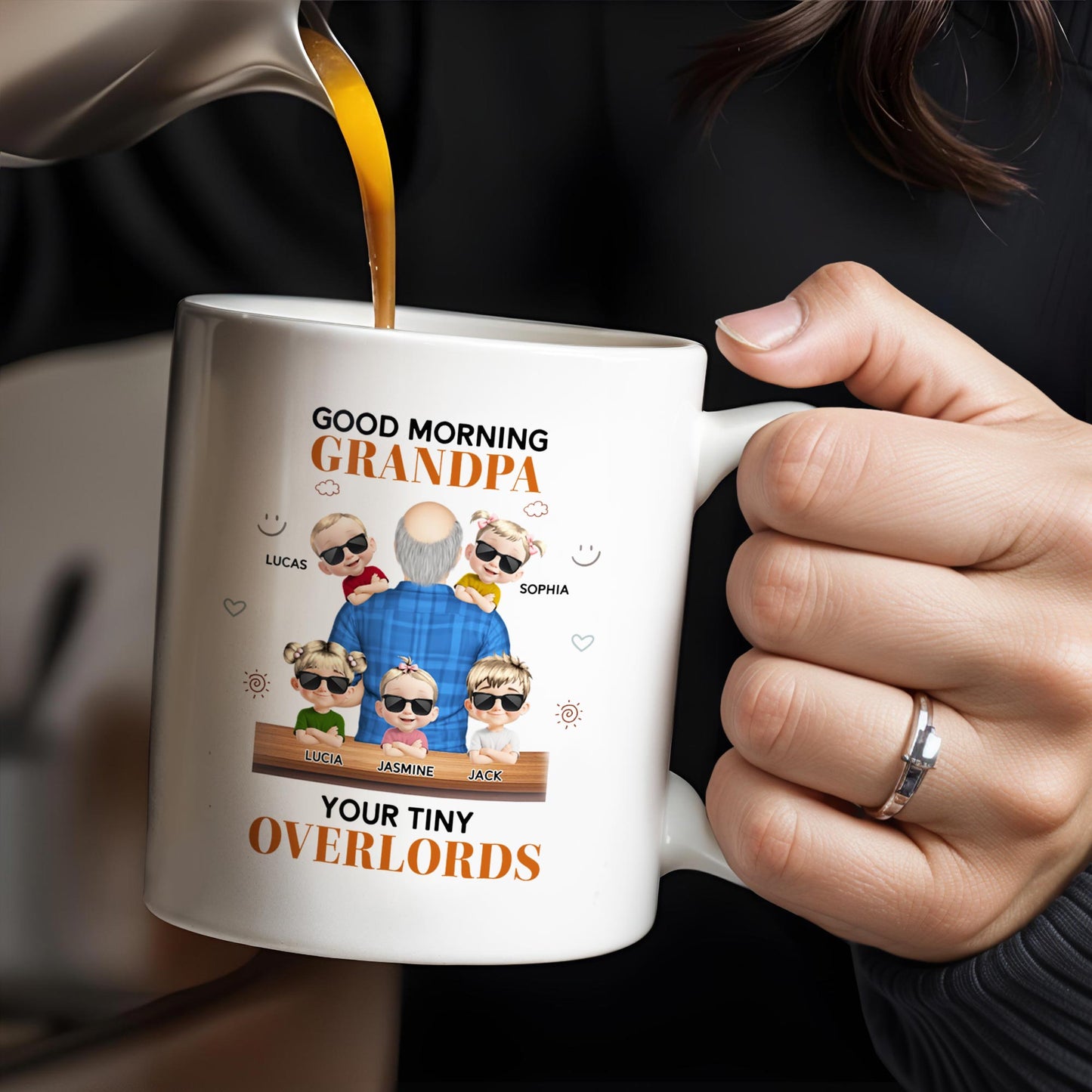 Good Morning Grandpa, Your Tiny Overlords, Cartoon Children and Sunglasses - Personalized Custom Coffee Mug - GRP021_MG