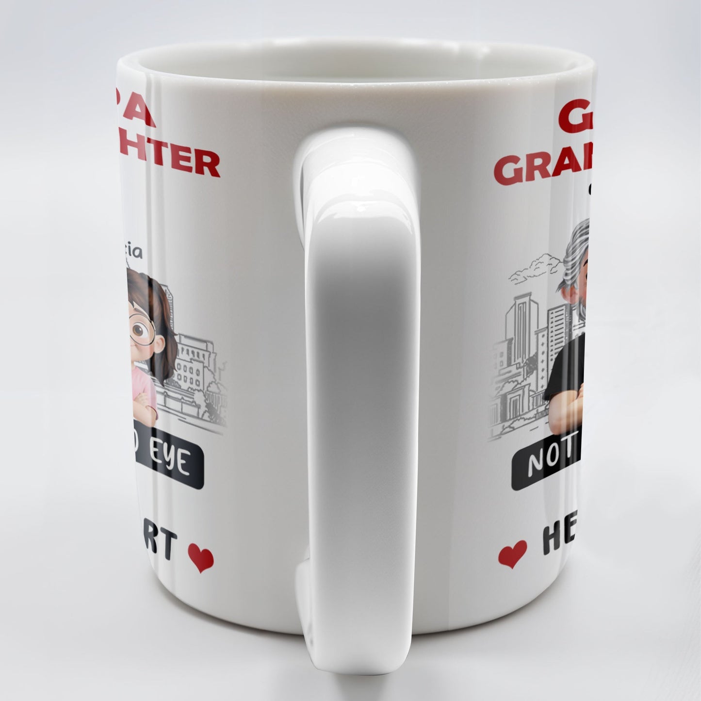 Grandpa And Granddaughter, Not Always Eye To Eye But Always Heart To Heart, Cartoon Characters and City Skyline - Personalized Custom Coffee Mug - GRP023_MG