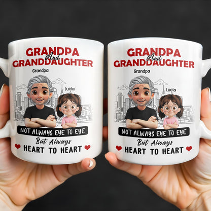 Grandpa And Granddaughter, Not Always Eye To Eye But Always Heart To Heart, Cartoon Characters and City Skyline - Personalized Custom Coffee Mug - GRP023_MG