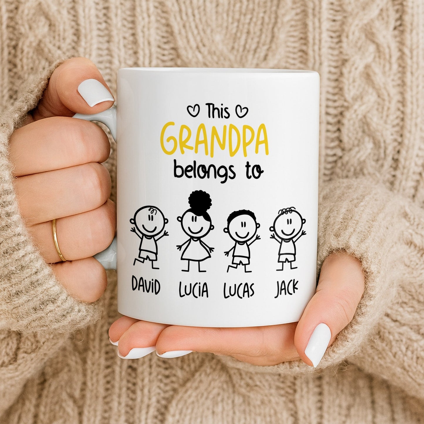 This Grandpa Belongs To Stick Figures Heart - Personalized Custom Coffee Mug - GRP045_MG