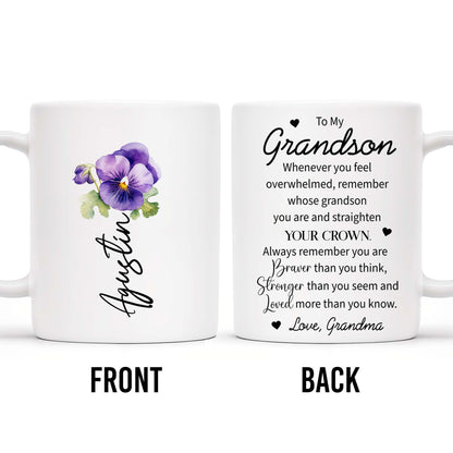 Grandson Crown Inspirational Quote With Pansy Flower Design - Personalized Custom Coffee Mug - GSN023_MG