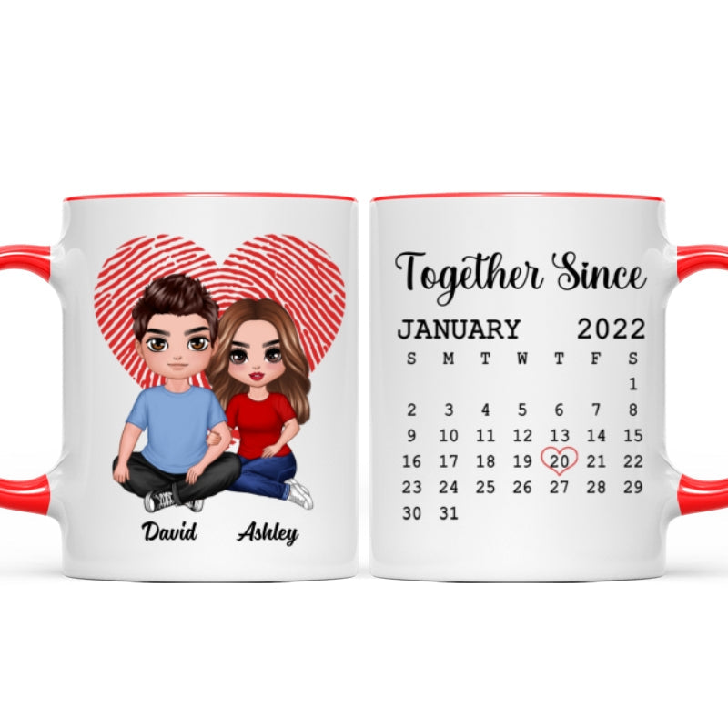 Fingerprint Heart Embracing Doll Couple Sitting Calendar Anniversary Date Gift For Him For Her Personalized Mug