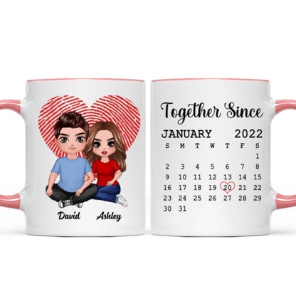 Fingerprint Heart Embracing Doll Couple Sitting Calendar Anniversary Date Gift For Him For Her Personalized Mug