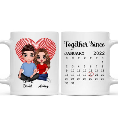 Fingerprint Heart Embracing Doll Couple Sitting Calendar Anniversary Date Gift For Him For Her Personalized Mug