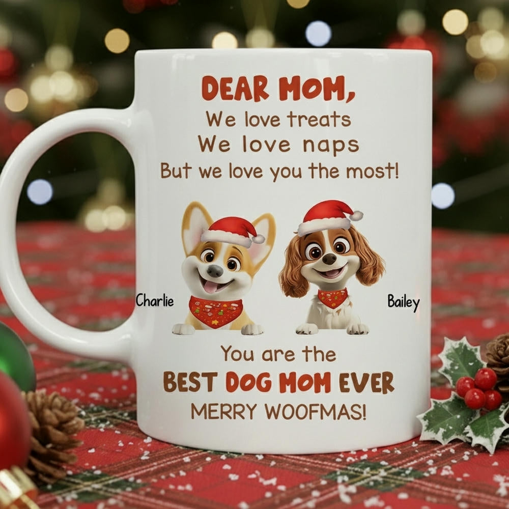 Personalized Mug for Pet Parent - Christmas Cartoon Pups, Custom Quote, Cozy Holiday Cheer, a unique gift for Dog Mom or Dad