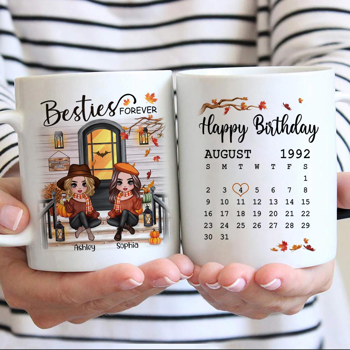 Besties Sisters Forever Happy Birthday Calendar Doll Girl Sitting Fall Season Front Porch Personalized Mug