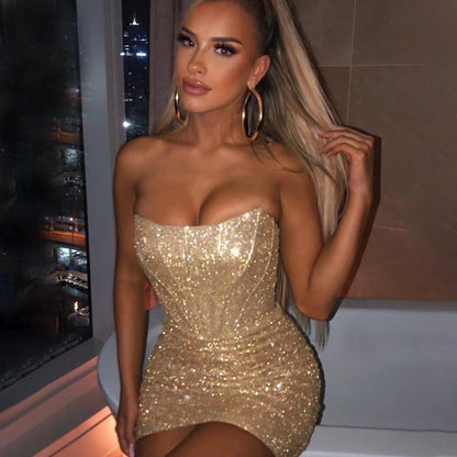 Glitter Strapless Corset Mini Dresses