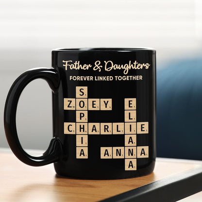 Father & Daughters Sons Forever Linked Together Crossword Puzzle Art Personalized Mug, Heartfelt Father's Day Gift For Dad
