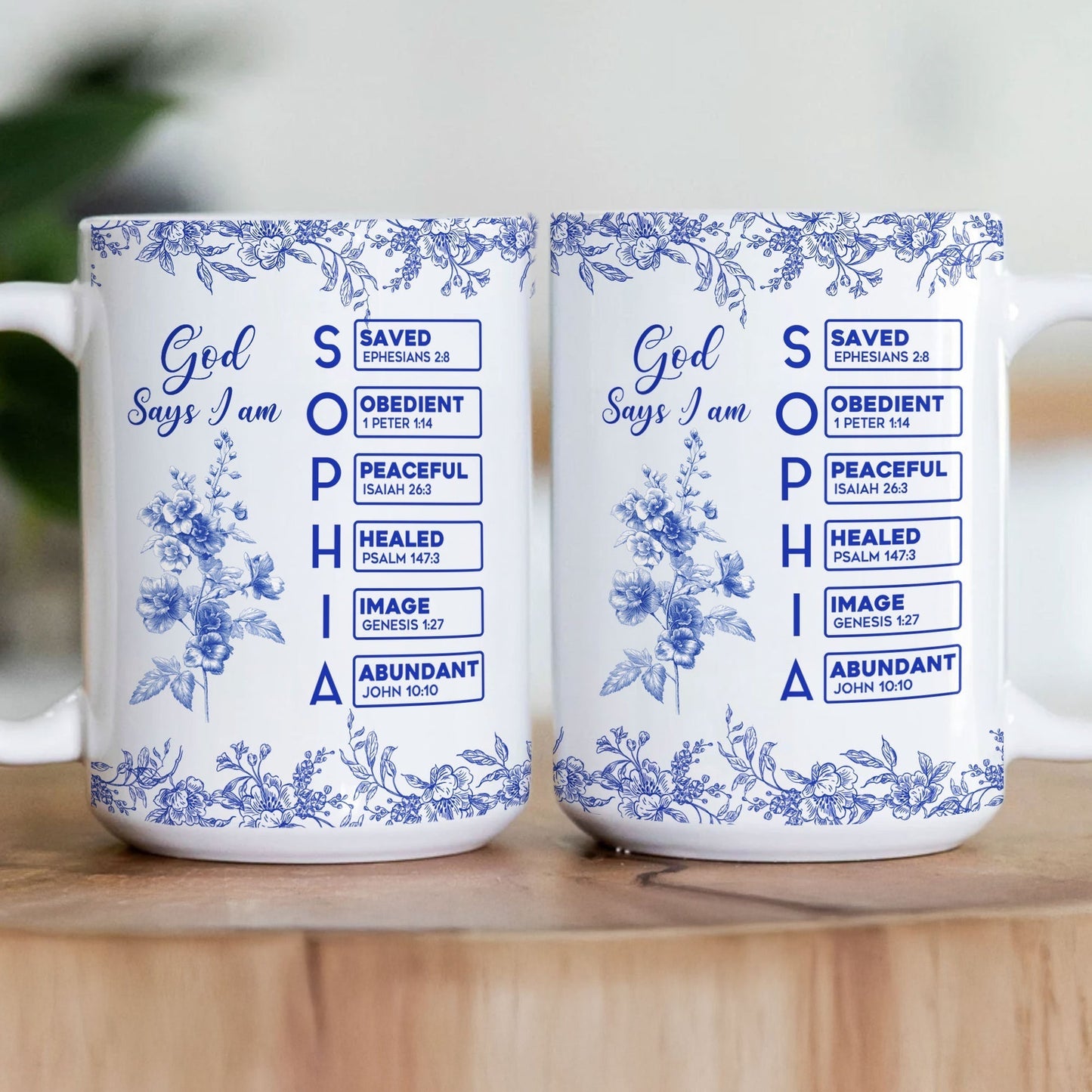 White Ceramic Mug with Bible Verses and Blue Floral Design, Faithful and Heartwarming Gift