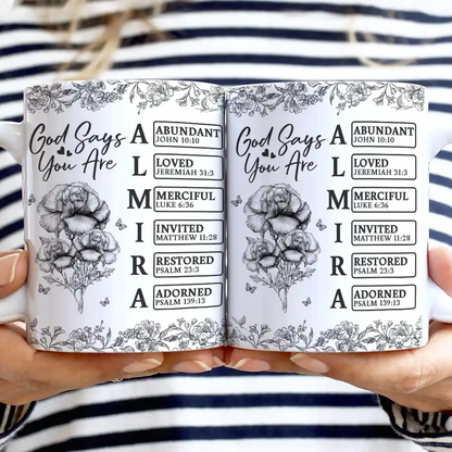 God Says I Am Toile De Jouy Flower - Personalized White Edge-to-Edge Mug