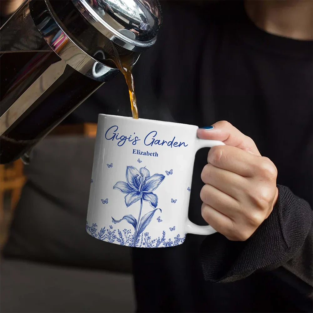 Grandma's Garden Toile Birth Flower - Personalized White Edge-to-Edge Mug