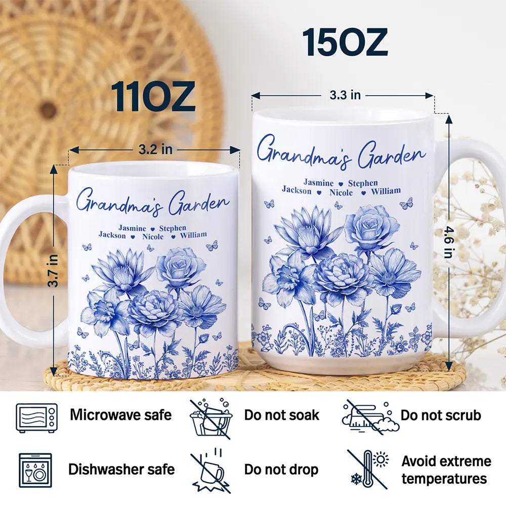 Grandma's Garden Toile Birth Flower - Personalized White Edge-to-Edge Mug