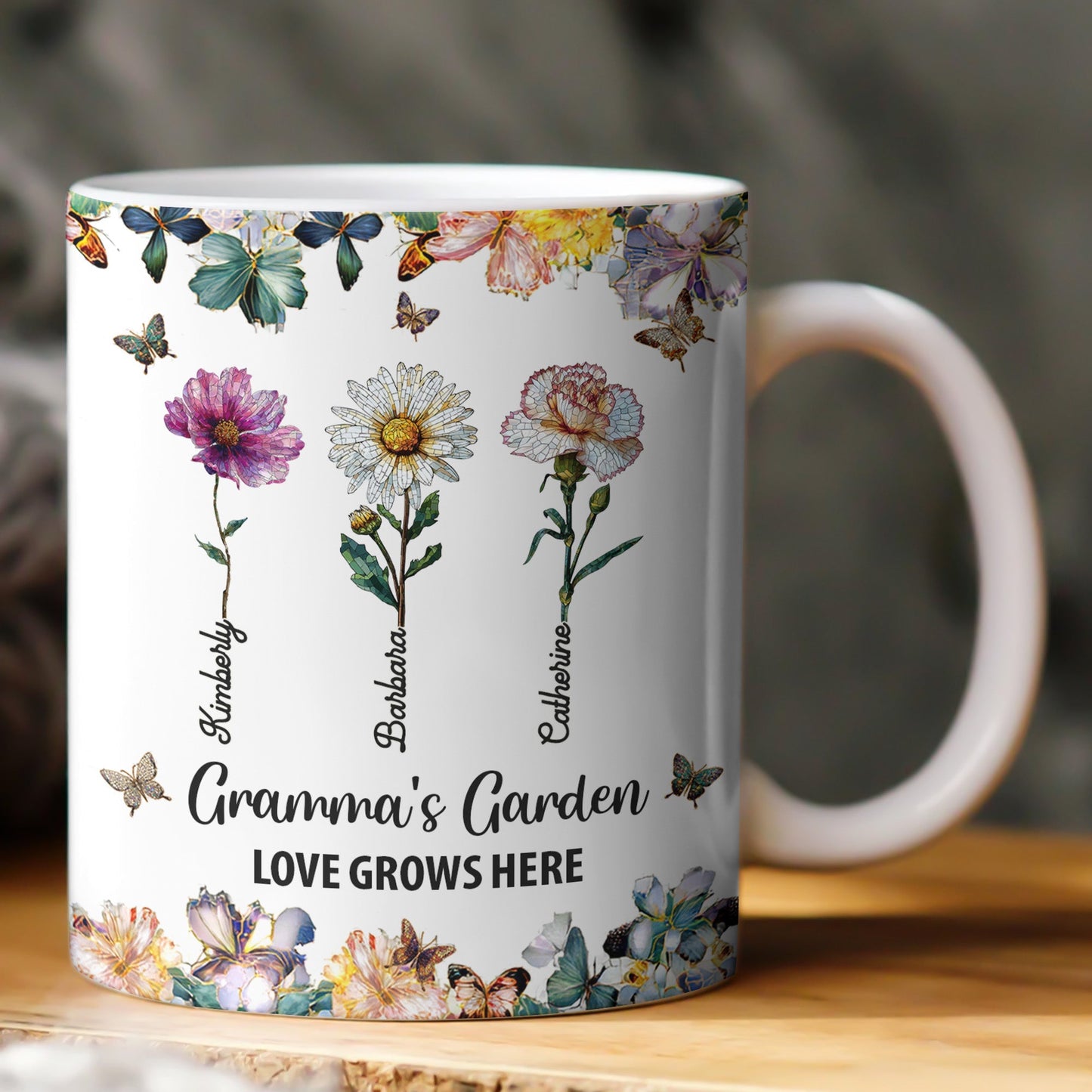 Grandma's Garden Love Grows Here Mosaic Birth Flower - Personalized Mug