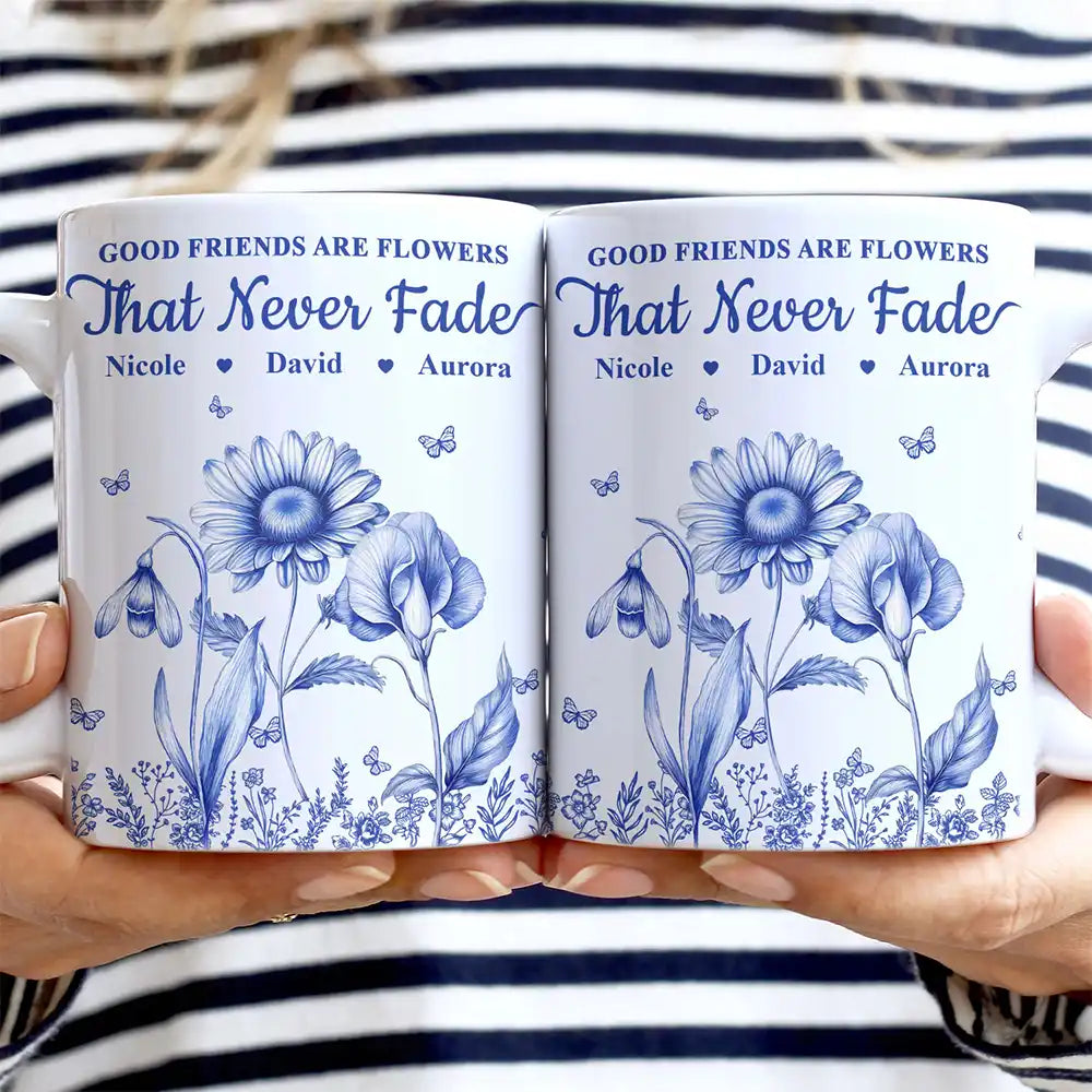 Grow An Old Friend Toile Birth Flower - Personalized White Edge-to-Edge Mug