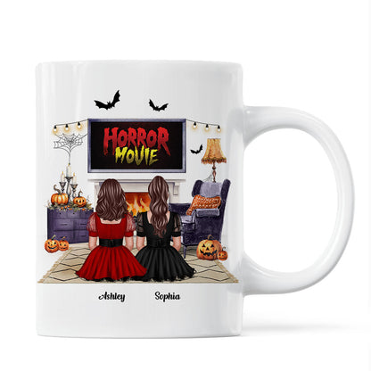 Halloween Besties Sisters Watching Horror Movie Personalized Mug