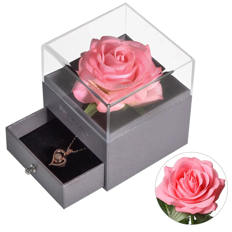 Eternal Rose Jewelry Box with Necklace Preserved Flower Gift for Women Birthday Anniversary